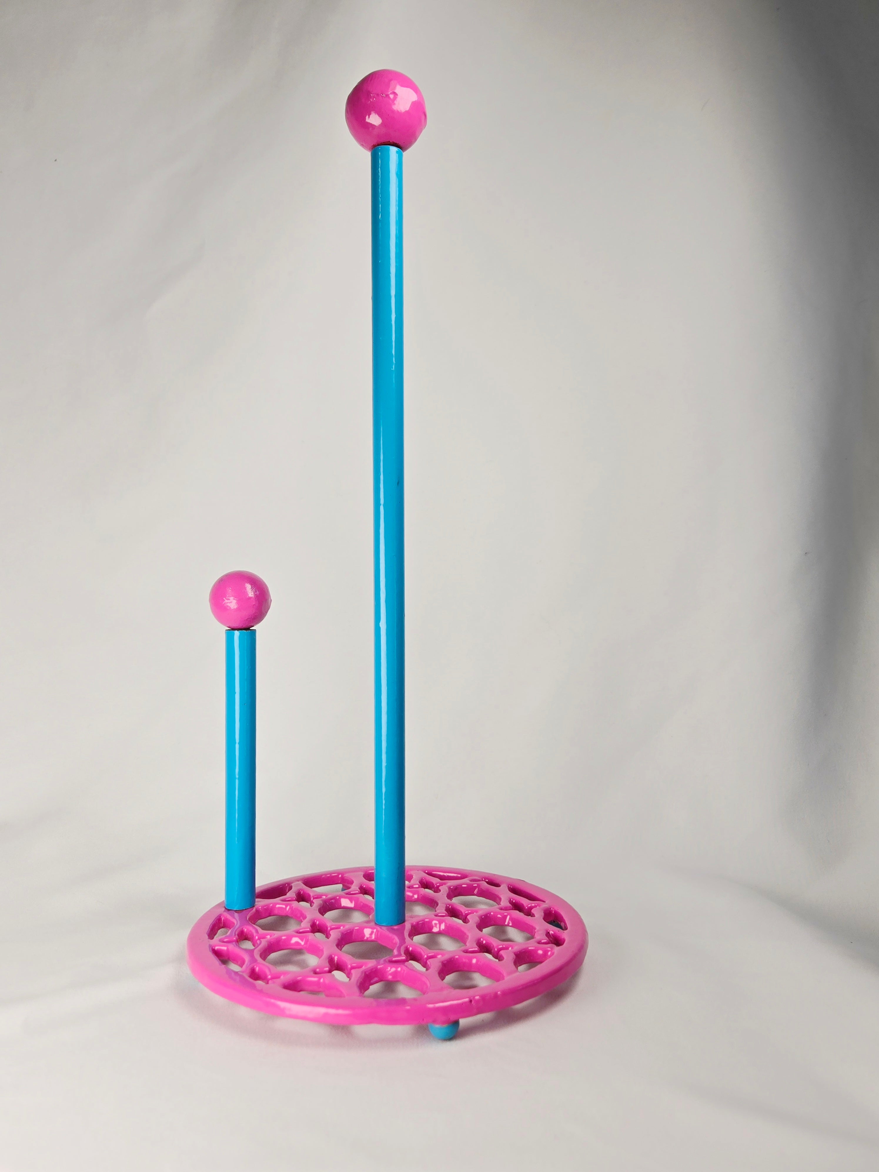 Hand-Painted Cast Iron Paper Towel Holder | Pink & Teal | Vintage Kitchen Decor