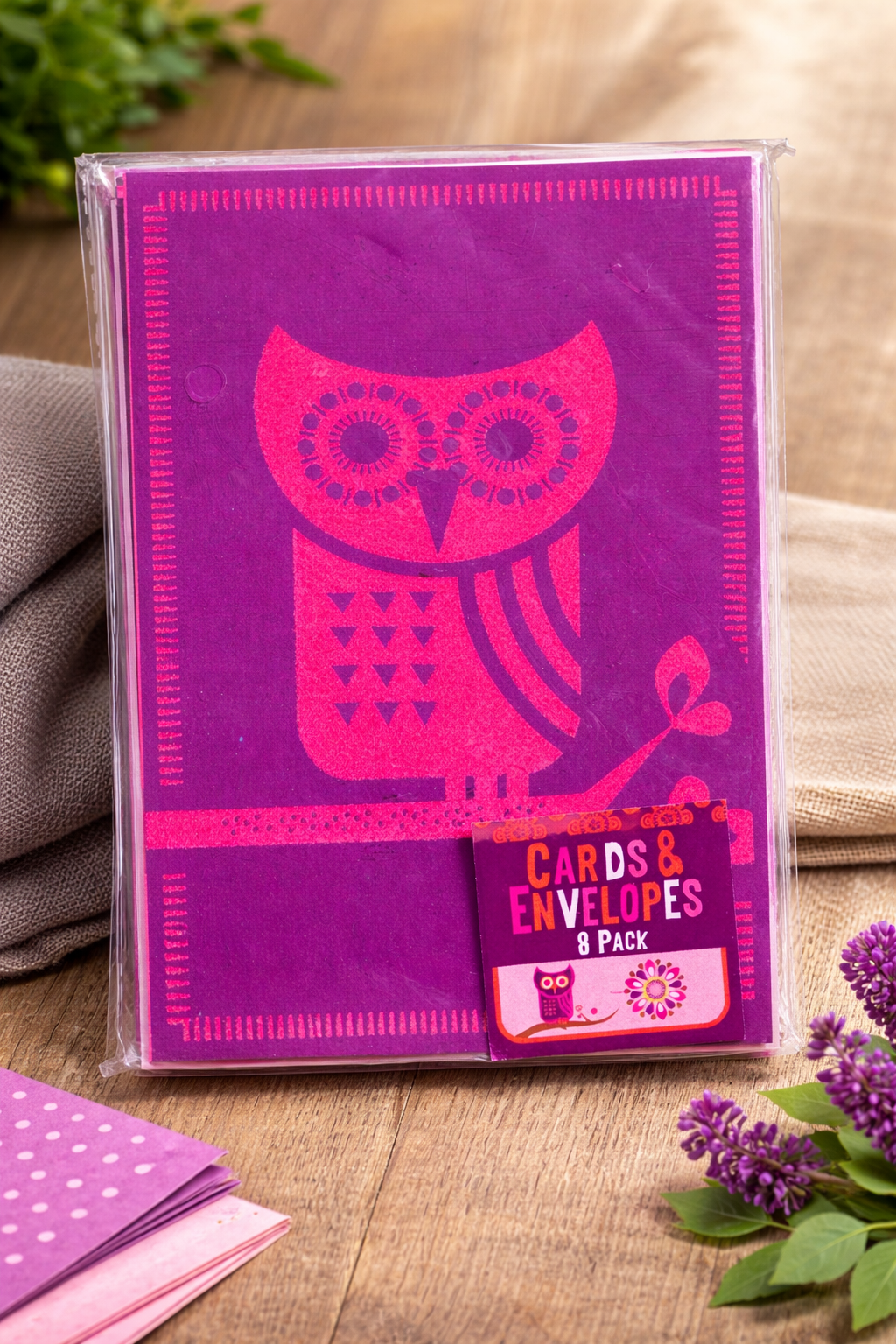Retro Owl Cards & Envelopes Set – Vibrant Purple Folk Art Design costomizeable personal gift cards