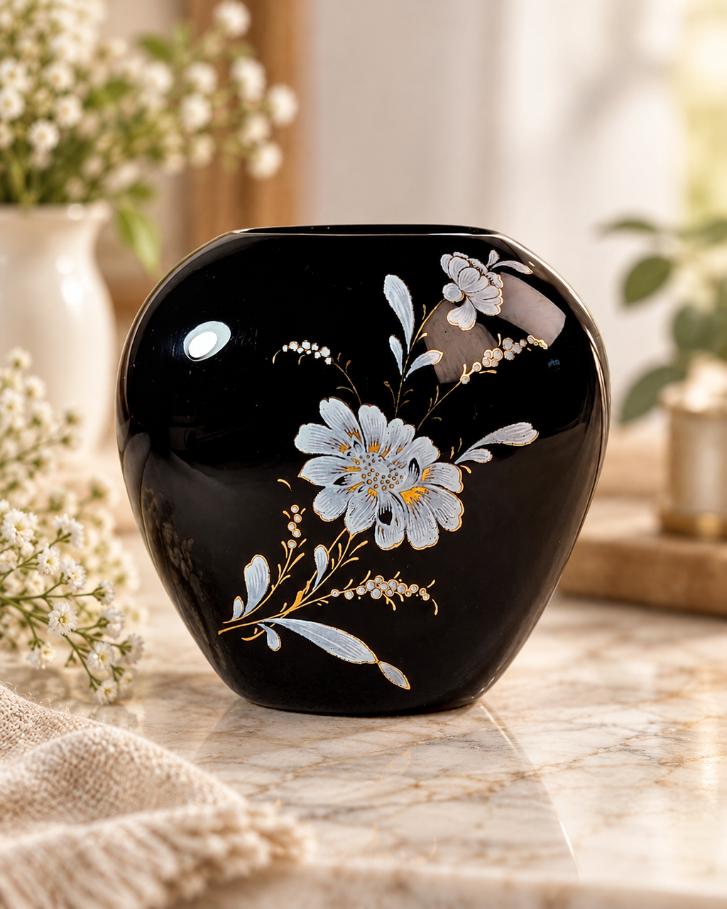 Miniature Black Floral Vase White Flowers Gold Accents Small Vintage Style Bud Vase