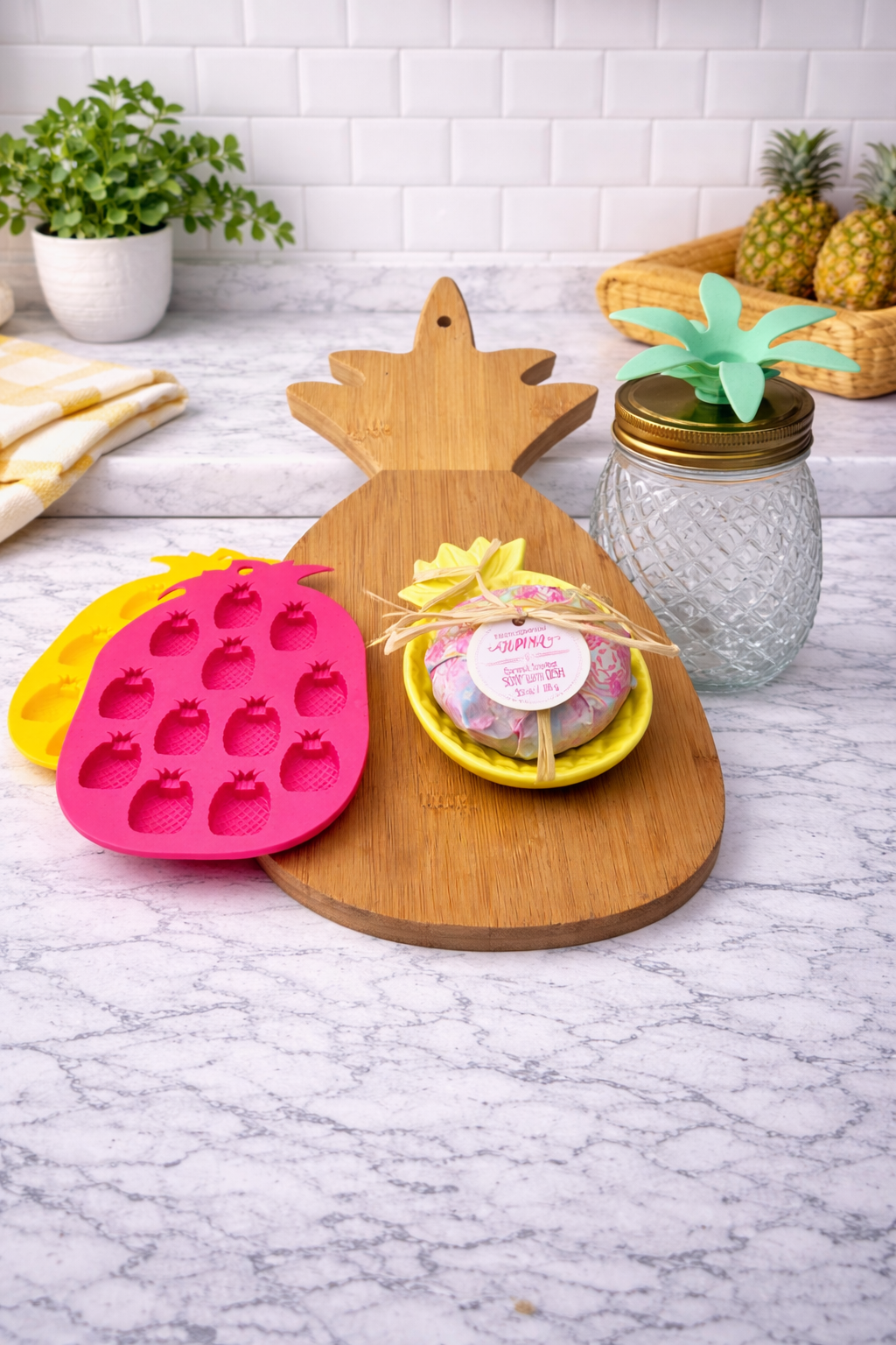 Tropical Pineapple Kitchen Gift Set Bundle – Cutting Board, Silicone Molds, Glass Jar, Soap Dish w/ Coconut Soap