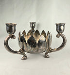 Leonard Silver Plate Lotus Candle Holder Centerpiece | Vintage Triple Arm Candelabra Bowl
