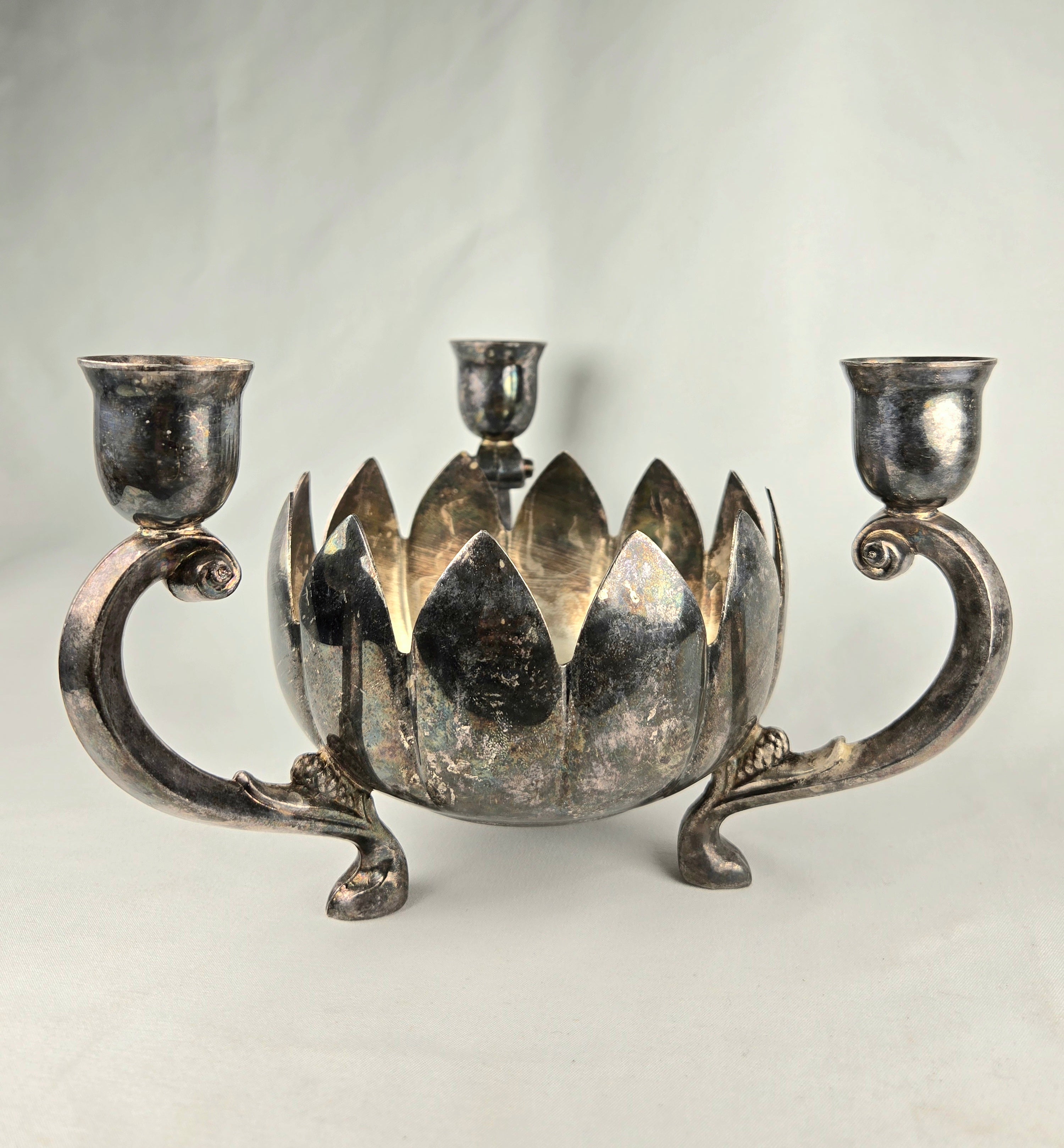 Leonard Silver Plate Lotus Candle Holder Centerpiece | Vintage Triple Arm Candelabra Bowl