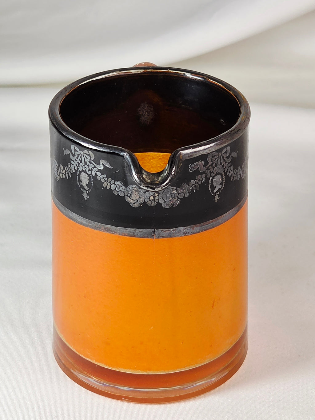 Vintage Orange Black Glass Creamer & Sugar Bowl Set Silver-Tone Floral Overlay