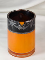 Vintage Orange Black Glass Creamer & Sugar Bowl Set Silver-Tone Floral Overlay