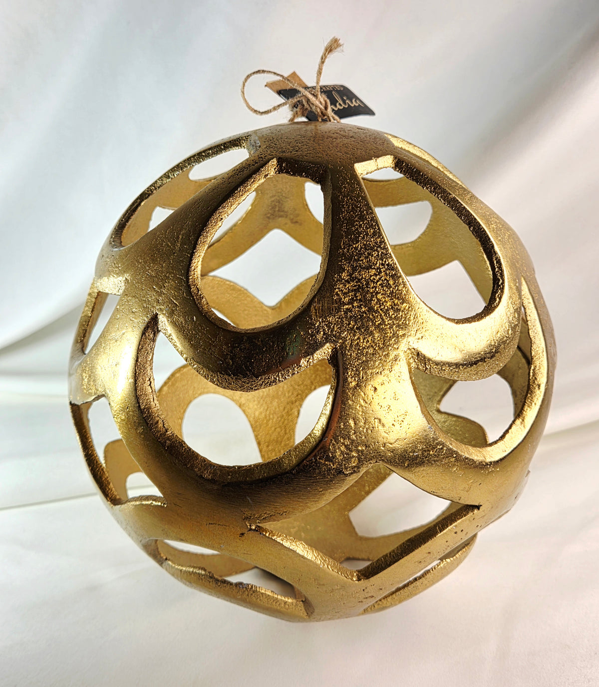 Handcrafted Gold Metal Openwork Orb Sculpture 8" Decorative Sphere India