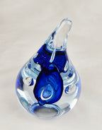Signed AJ Blue Art Glass Teardrop Paperweight — Cobalt Core Handblown Studio Glass Sculpture -6.5"