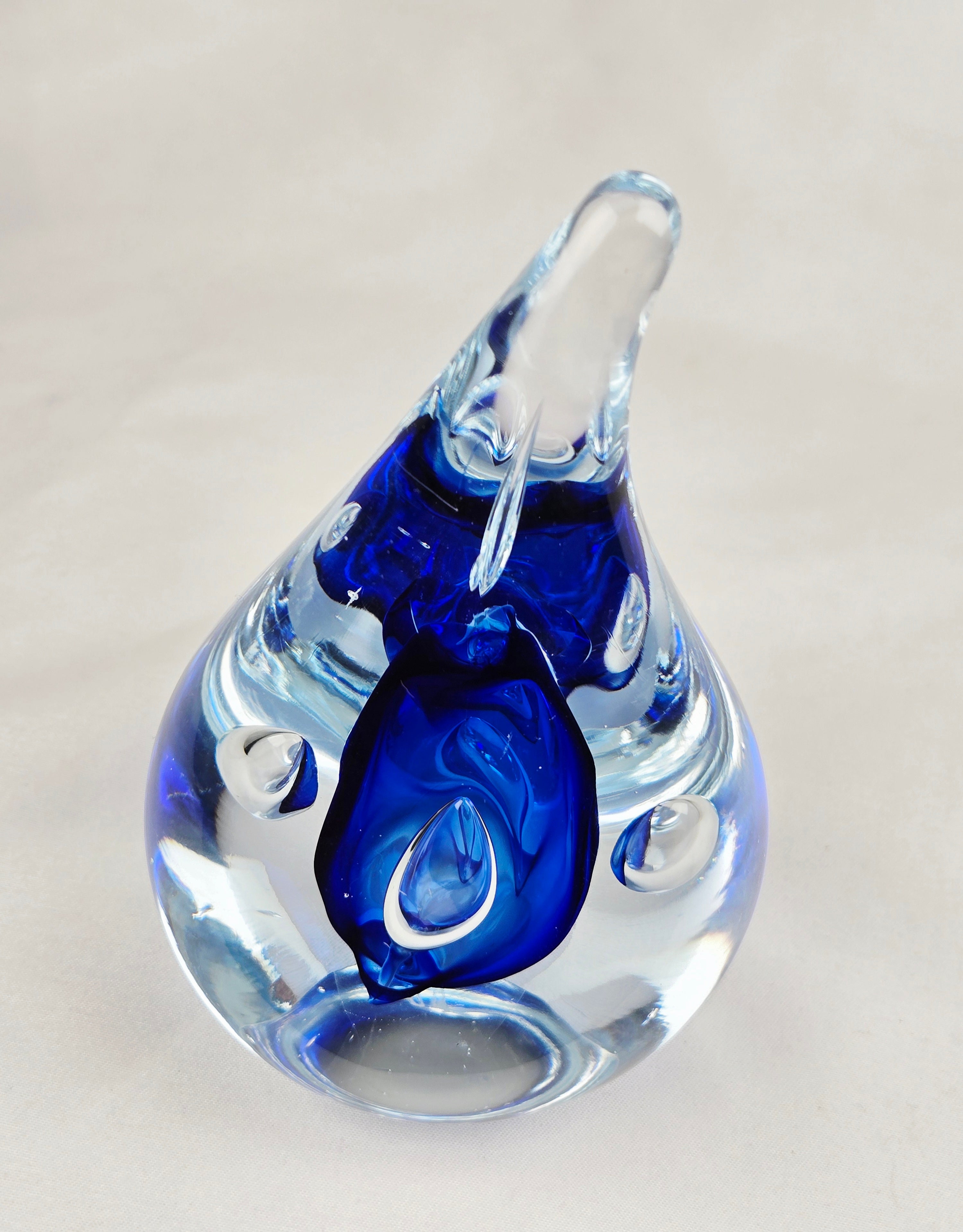 Signed AJ Blue Art Glass Teardrop Paperweight — Cobalt Core Handblown Studio Glass Sculpture -6.5"