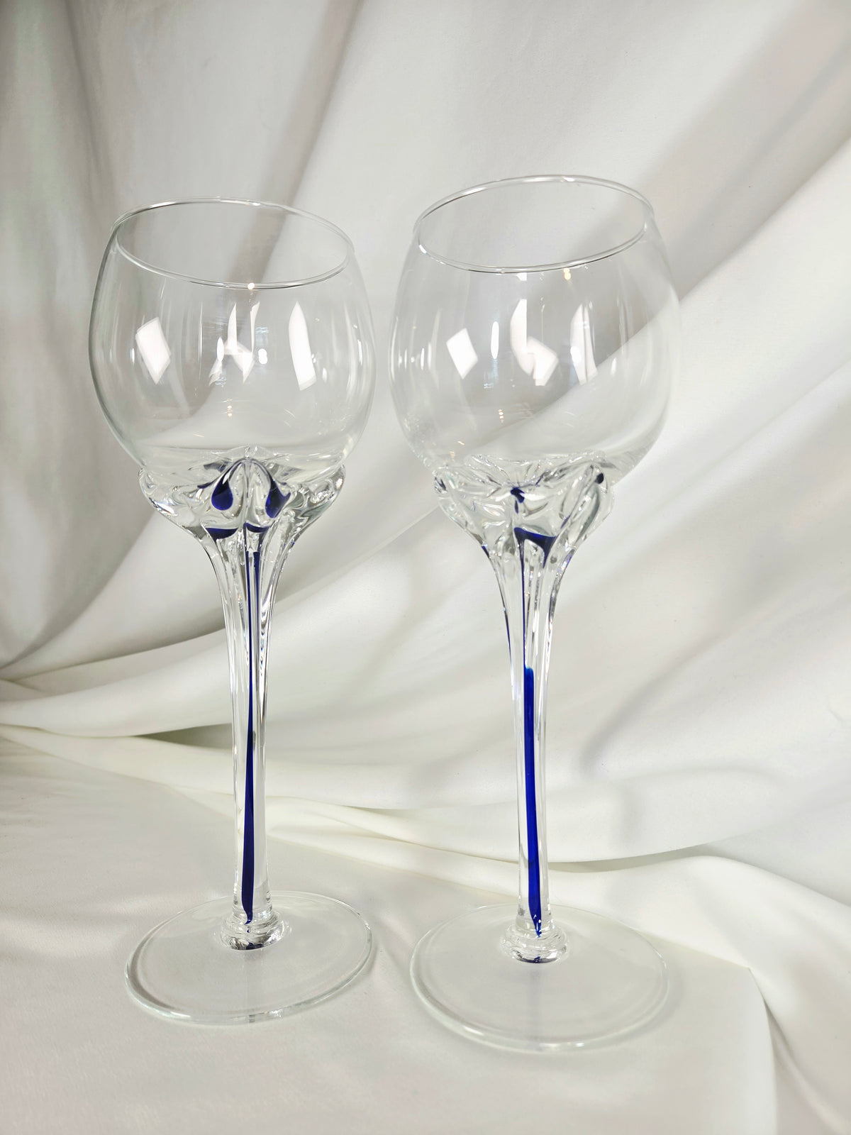 Pair Tall Cobalt Blue High Quality Wine Goblets | Art Glass Stemware 10.5"