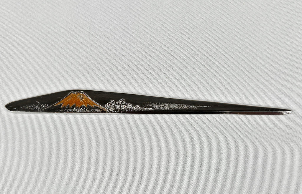 Gold & Silver-Tone Mount Fuji Hair Stick with Hanko Tag | Vintage Japanese Adornment (4”)