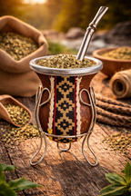Traditional Yerba Mate Gourd Cup with Metal Stand – Rustic Mate Tea Vessel