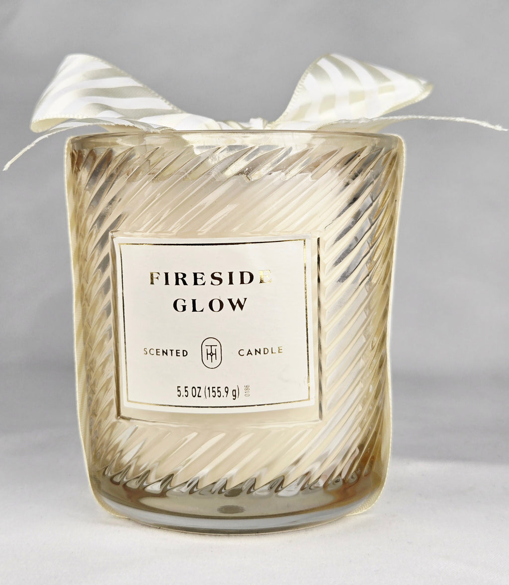 Fireside Glow Scented Candle 5.5 oz Textured Glass Jar Ribbon Bow Decorative Home Candle