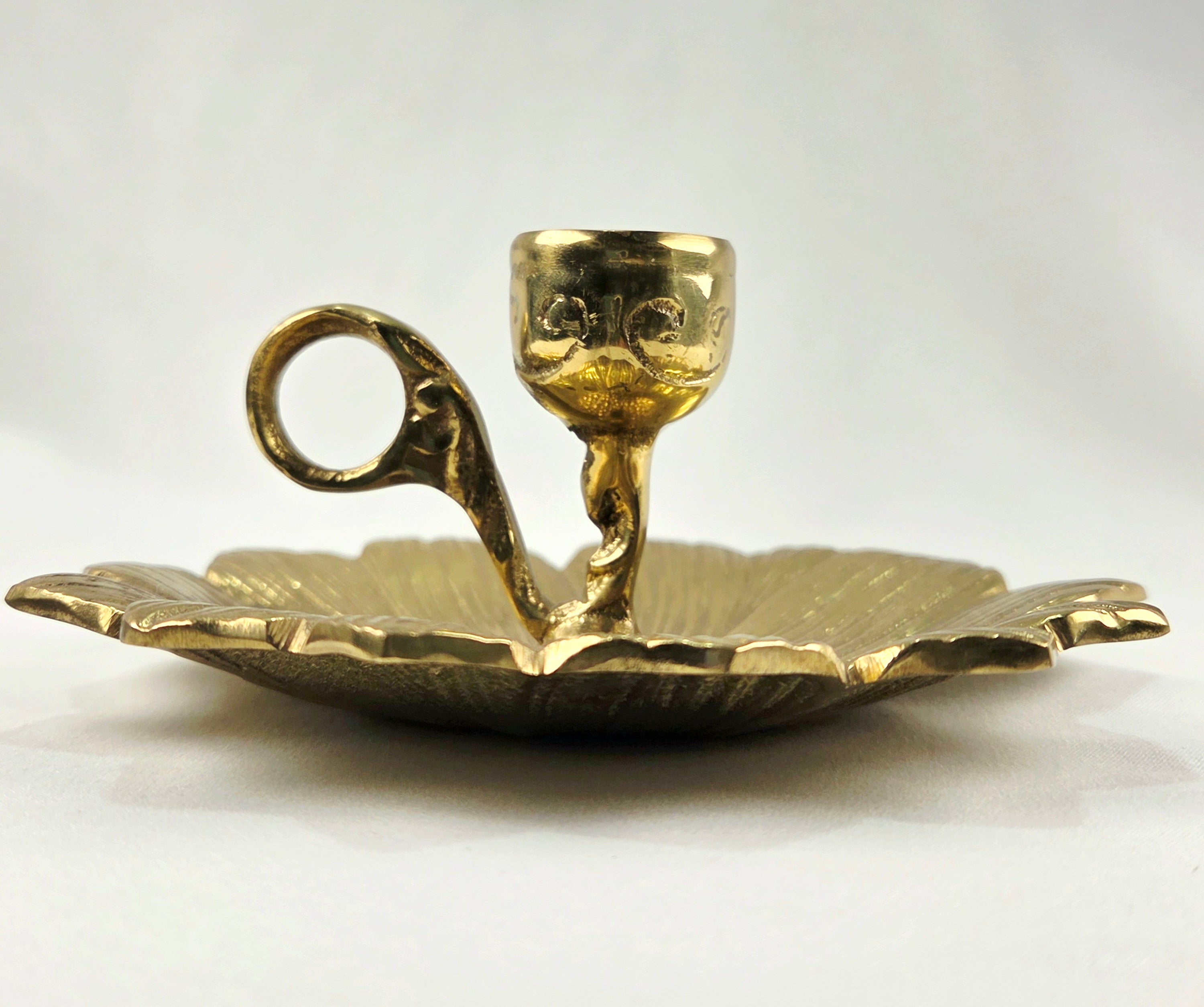 Vintage Heavy Cast Brass-Plated Floral Chamberstick Candle Holders Set of 2 | 6" Gold Tone Flower Candlesticks