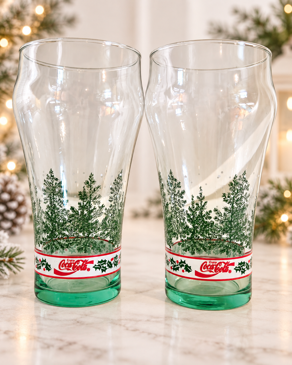 Vintage Coca-Cola Christmas Holiday Glasses Set of 2 Evergreen Tree Holly Green Base Tumblers