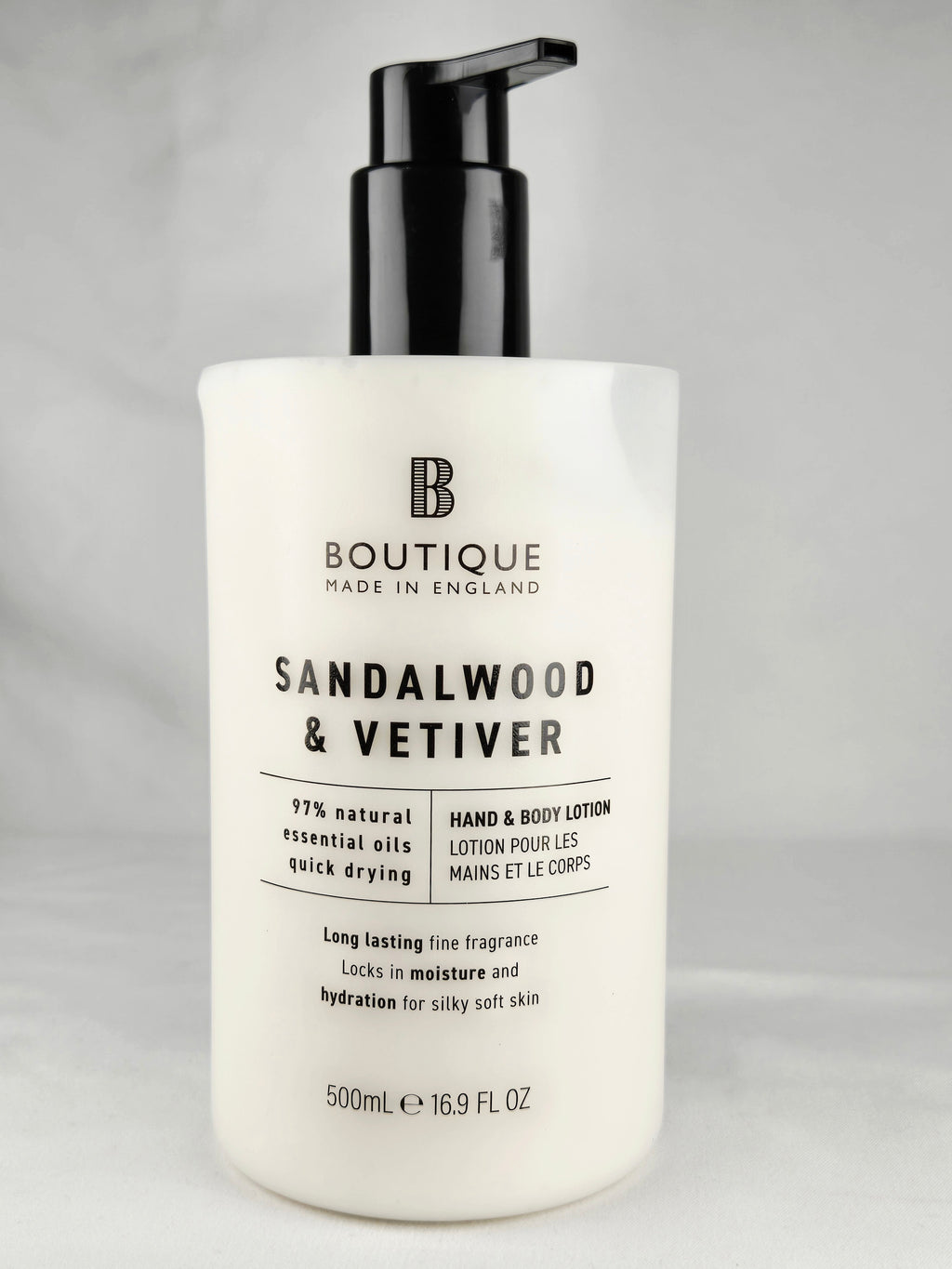 Boutique Made in England Sandalwood & Vetiver Hand & Body Lotion 500mL | Natural Essential Oils Moisturizing Lotion