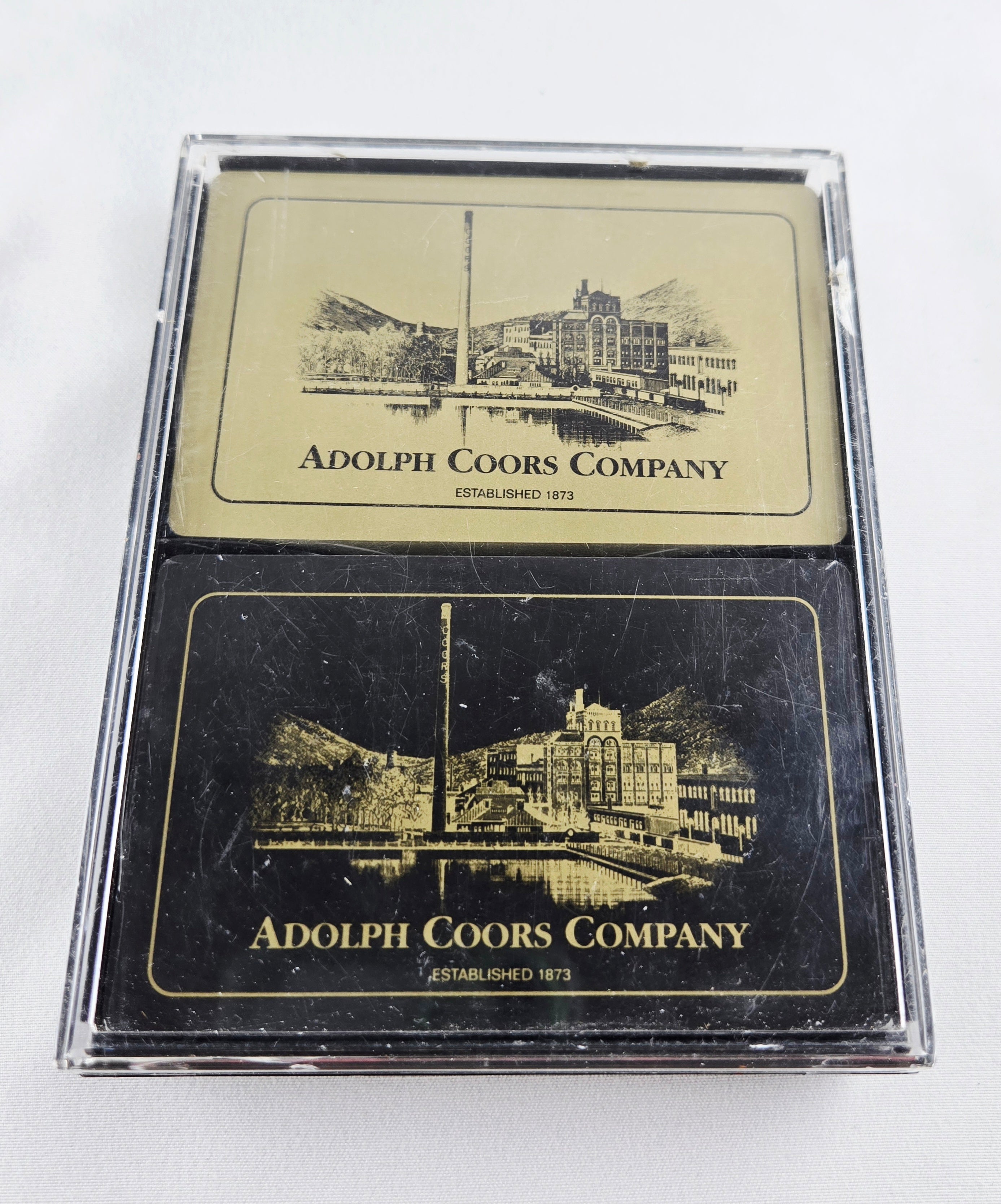 Coors Brewery Vintage Advertising Bridge Playing Cards Set – Black & Gold Adolph Coors Company Decks | Mid-Century Bar Memorabilia