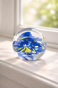 Glass Art Paperweight Orb Blue Yellow Swirl Clear Handblown Style 3.5 Inch Display Piece
