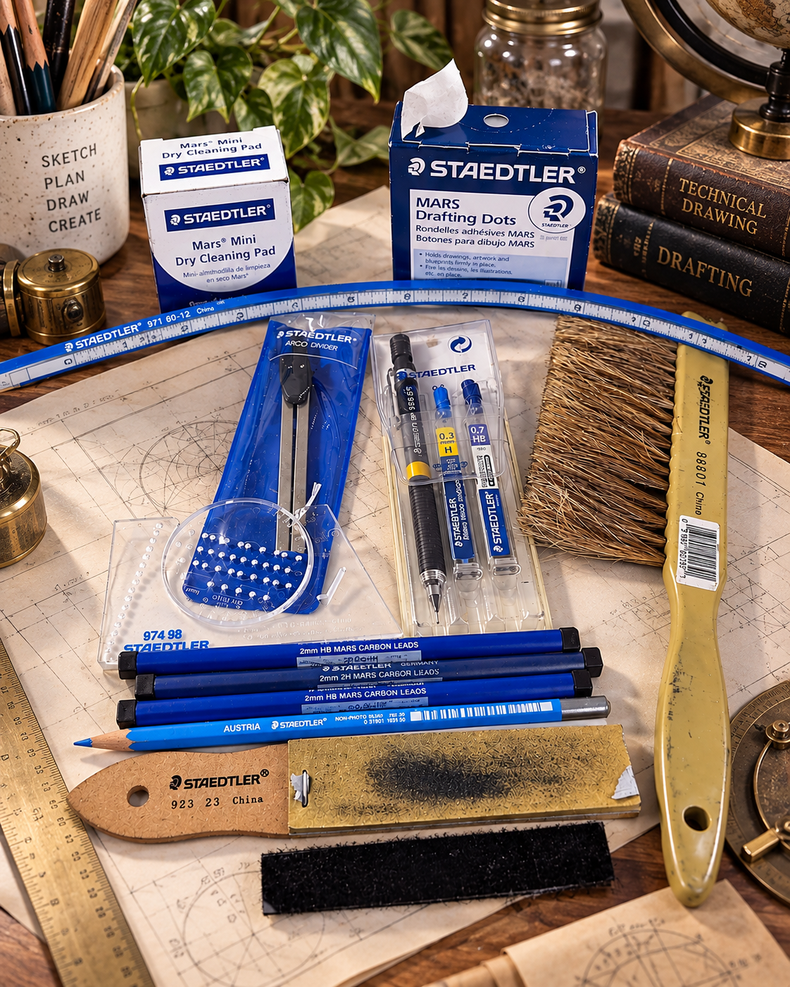 STAEDTLER Vintage Drafting & Drawing Tool Lot – Mars Cleaning Pad, Drafting Dots, Divider, Leads, Brush & More