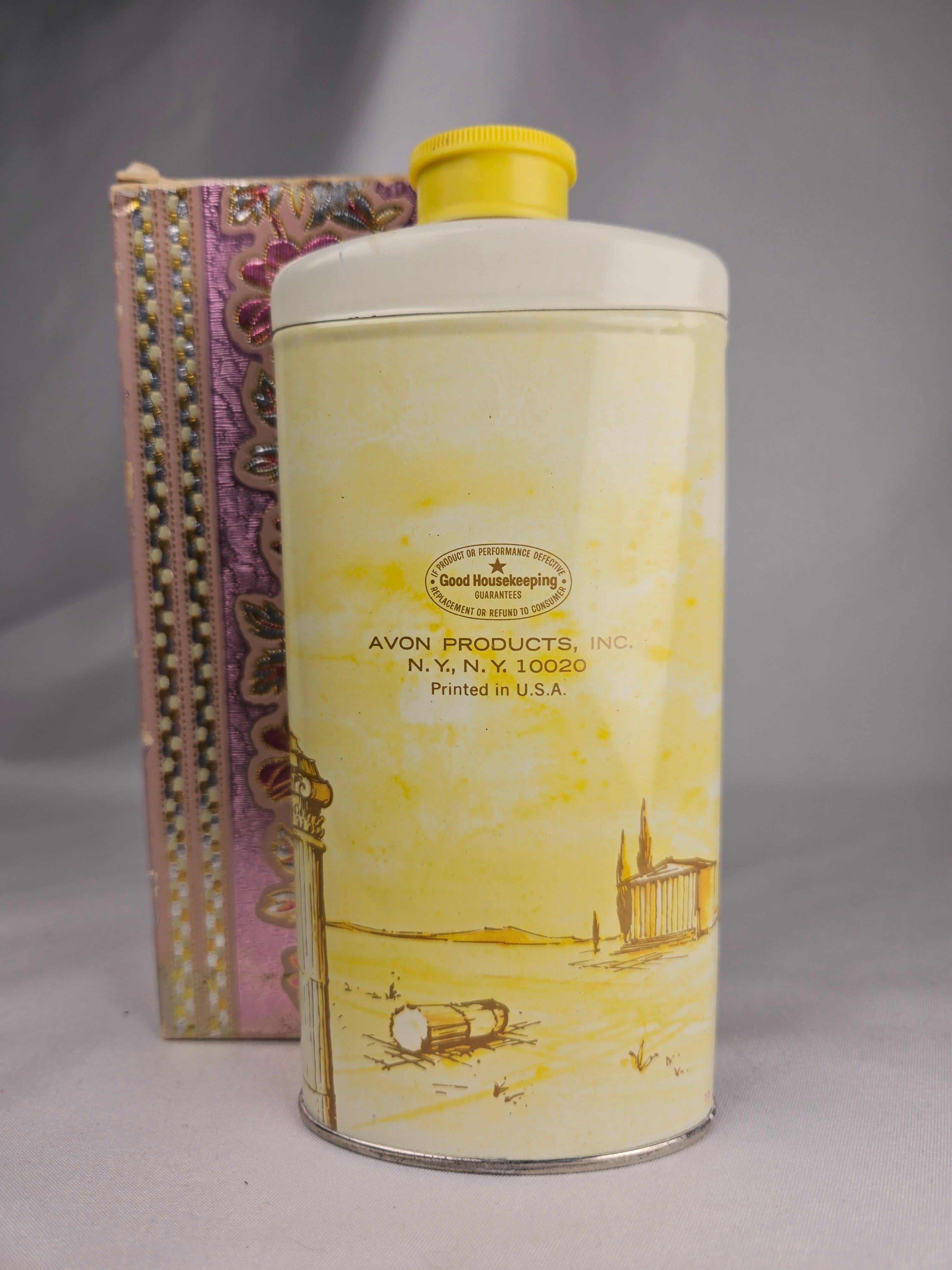Vintage Avon Topaze Perfumed Talc 2.75 oz with Original Box – Appears Full Golden Fragrance Powder Collectible