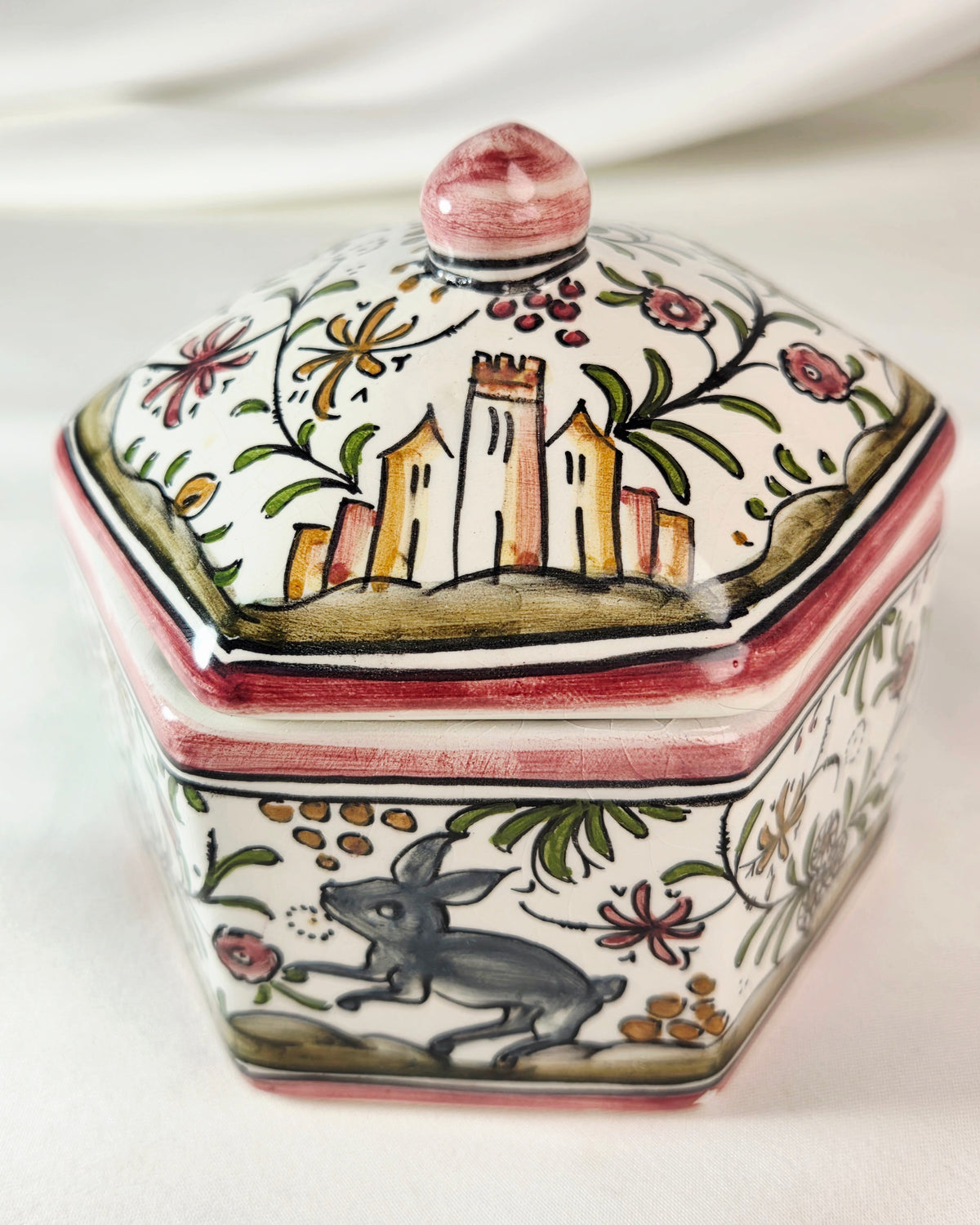 Vintage FILCER Coimbra Portugal Hand Painted Ceramic Rabbit Castle Trinket Box Hexagonal