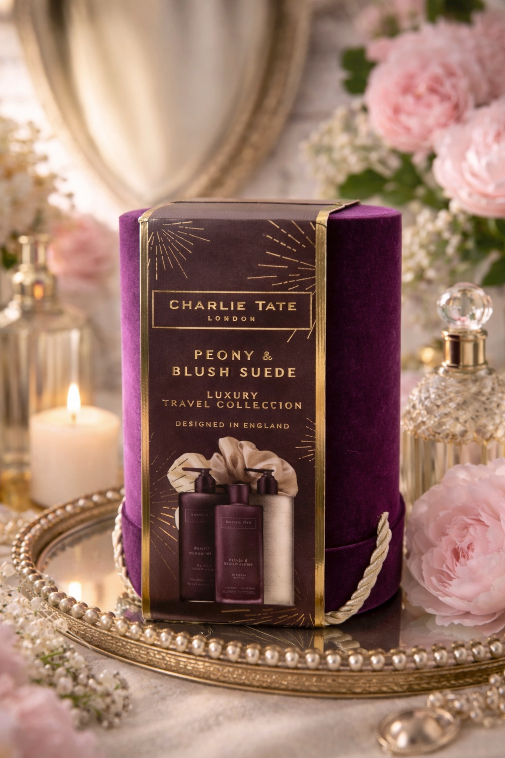 Charlie Tate London Peony & Blush Suede Luxury Travel Collection Bath Gift Set – Velvet Hatbox Presentation