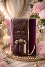 Charlie Tate London Peony & Blush Suede Luxury Travel Collection Bath Gift Set – Velvet Hatbox Presentation