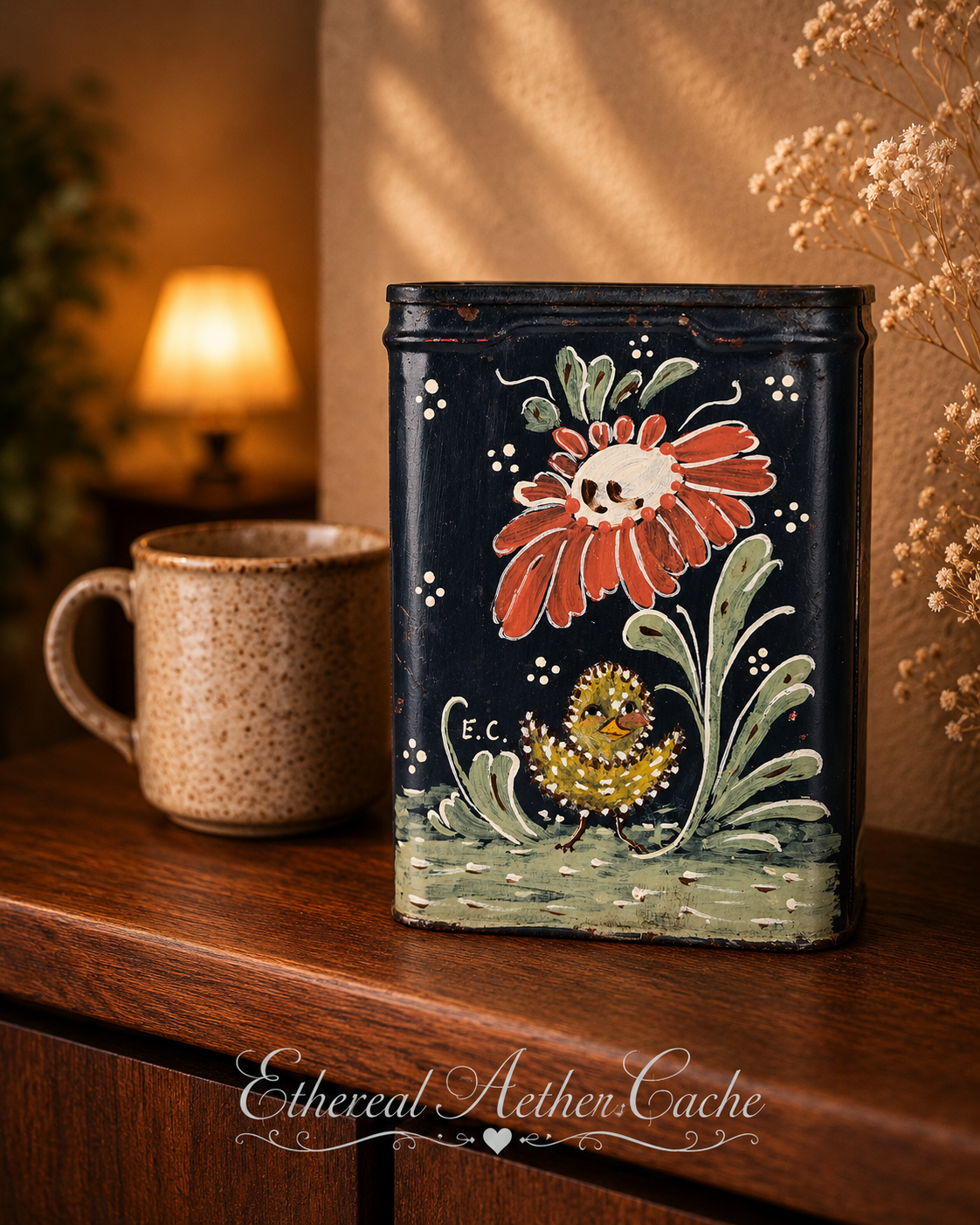Prince Albert Vintage Tobacco Tin — Signed E.C. Hand-Painted Folk Art Hearth Decor