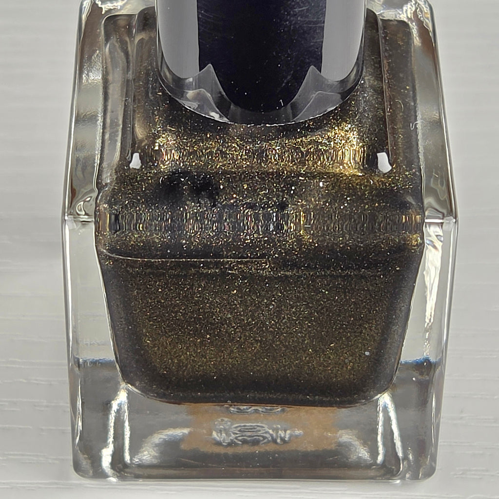 Liquid Krystal Co. Gilded Raven Prototype Nail Lacquer | Black Crelly with Antique Gold Shimmer | One-of-a-Kind Handmade Indie Polish