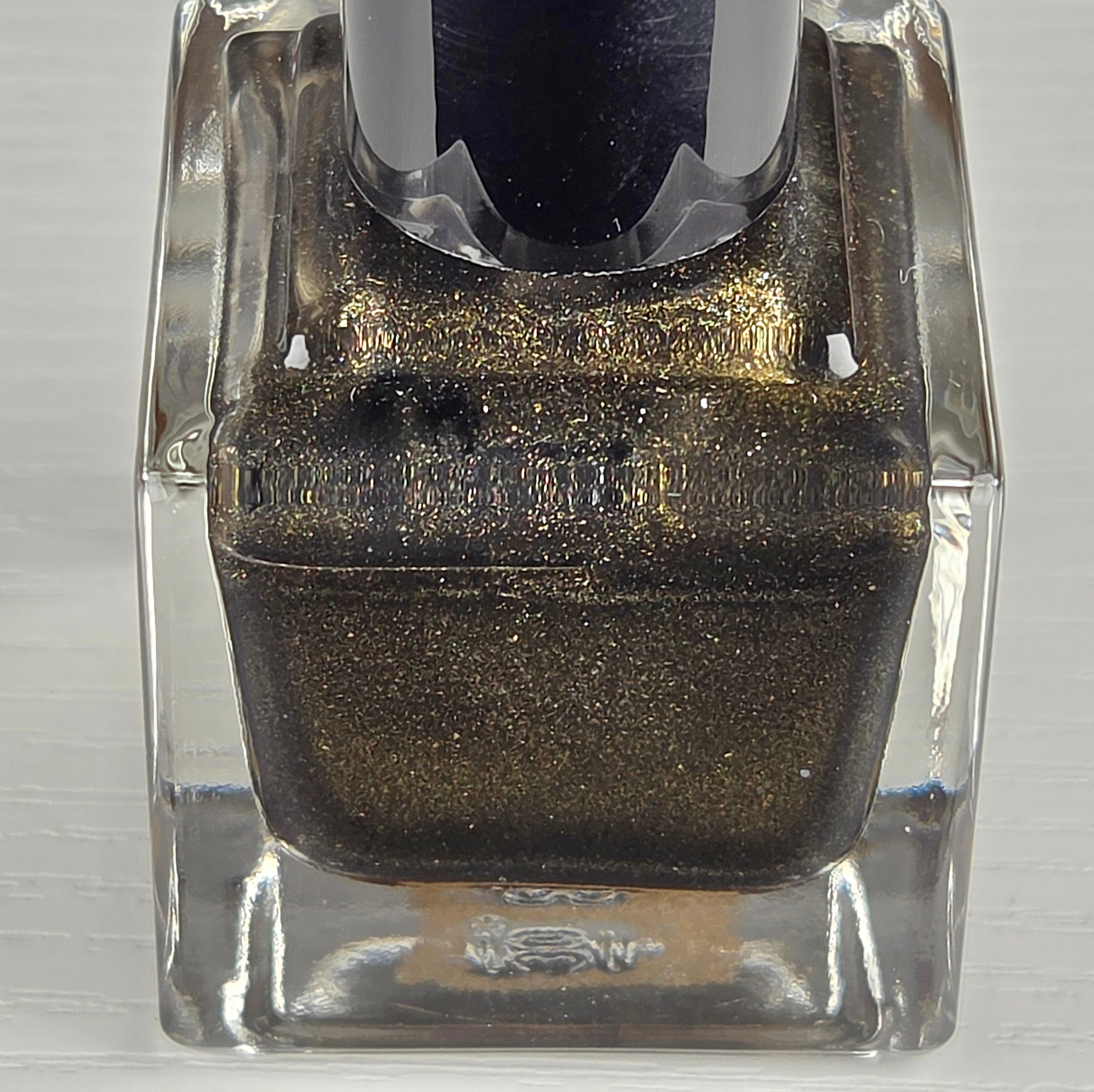 Liquid Krystal Co. Gilded Raven Prototype Nail Lacquer | Black Crelly with Antique Gold Shimmer | One-of-a-Kind Handmade Indie Polish