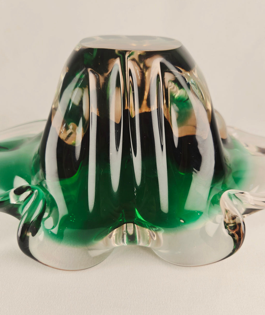 Large Sculptural Sommerso Art Glass Bowl – Emerald Green & Blush 12” Centerpiece