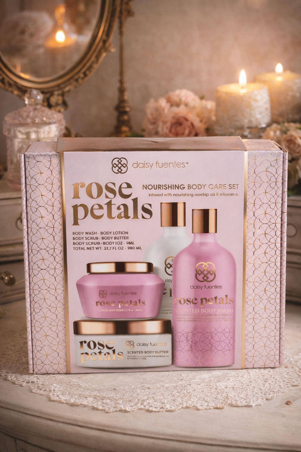 Daisy Fuentes Rose Petals Nourishing Body Care Set — Apothecary Gift Set skincare spa luxury rose fragrance