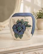 Vintage Artist-Signed Studio Pottery Floral Vase Blue Green Gold Ceramic