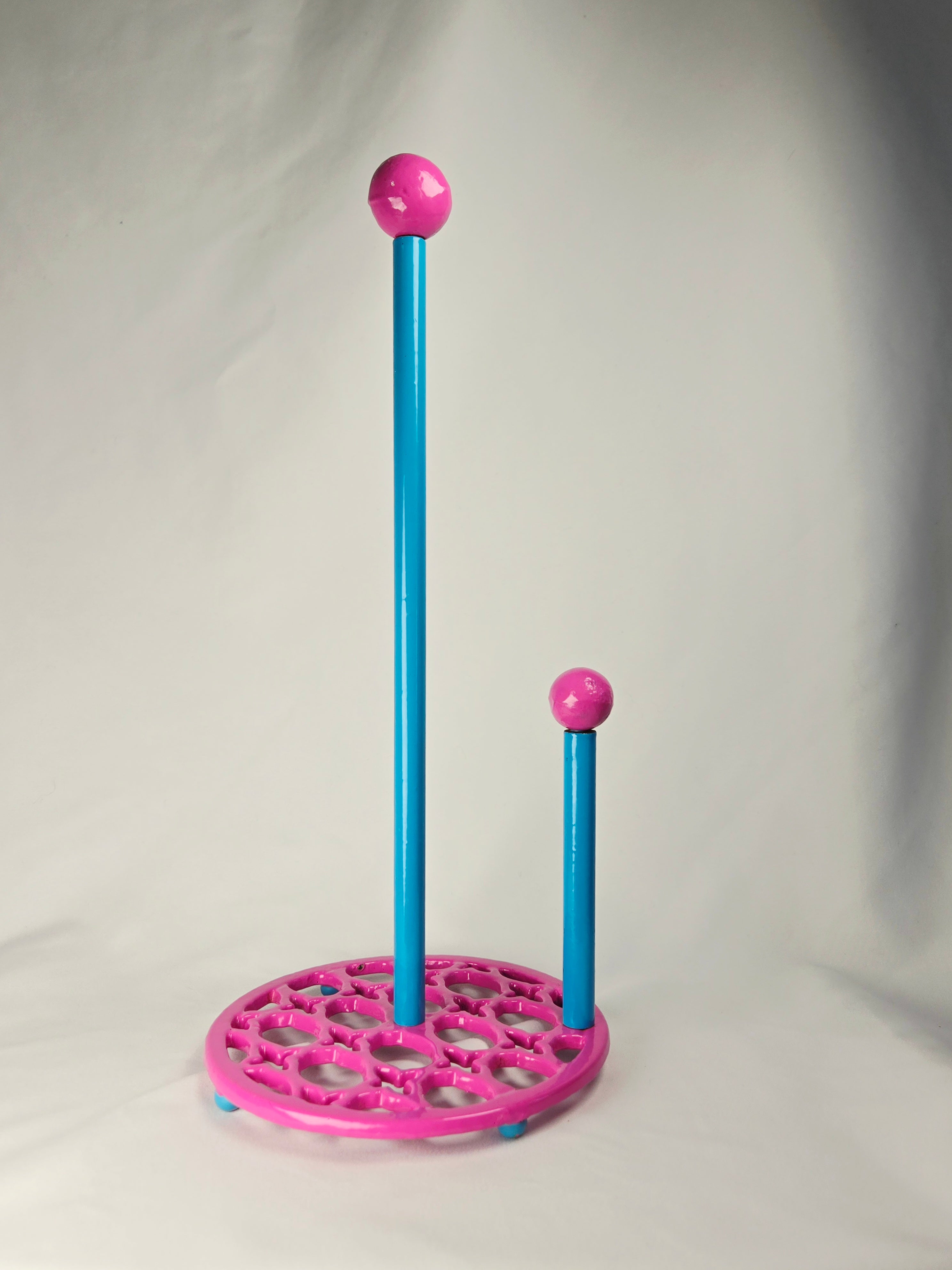 Hand-Painted Cast Iron Paper Towel Holder | Pink & Teal | Vintage Kitchen Decor