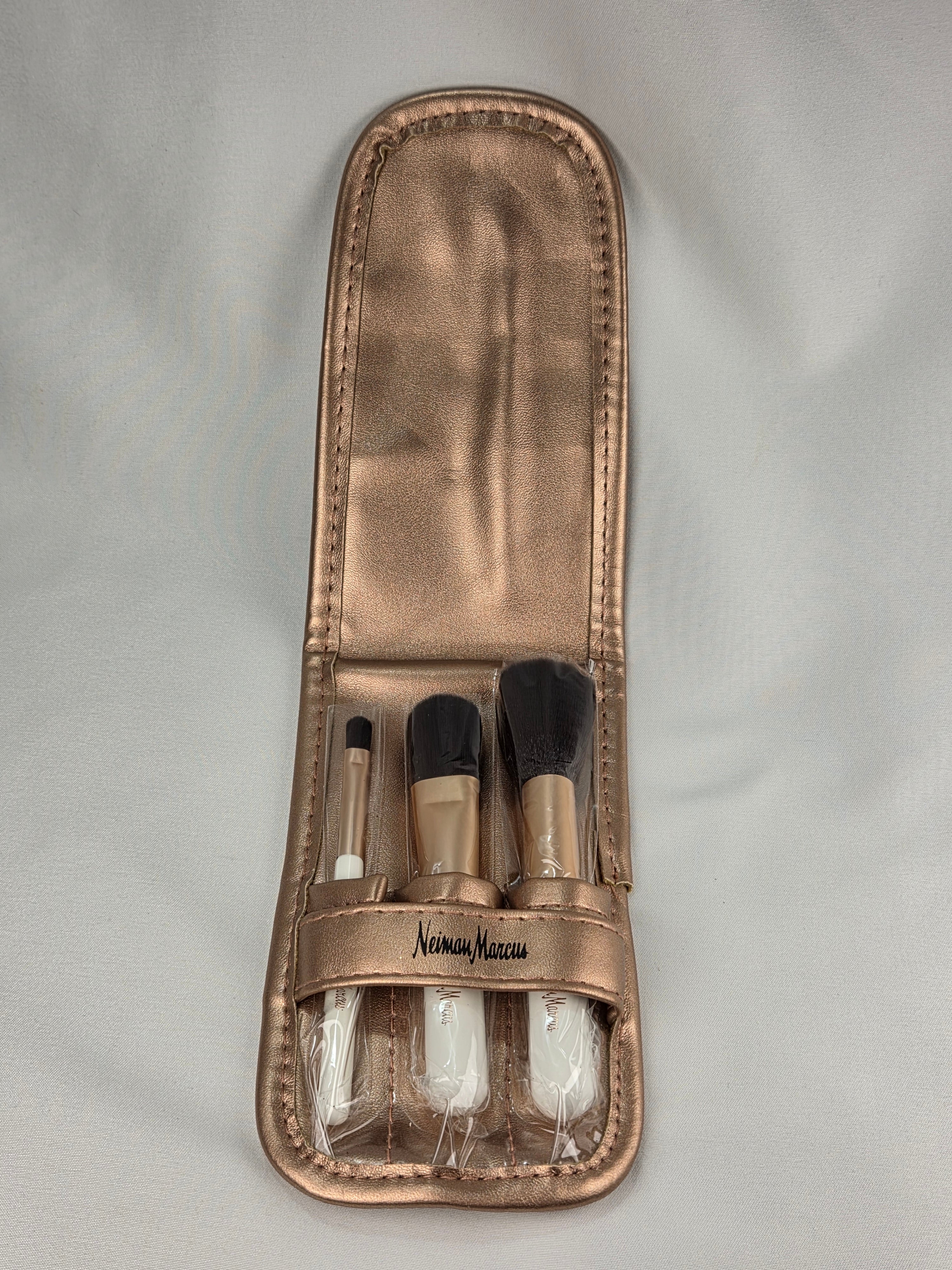 Neiman Marcus 3-Piece Makeup Brush Set with Rose Gold Travel Case – White & Metallic Cosmetic Brushes