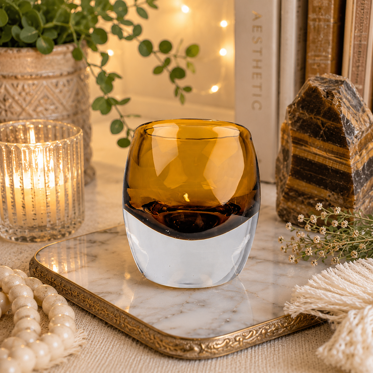 Amber Scandinavian Art Glass Vase Heavy Clear & Honey Glass Modern Decor
