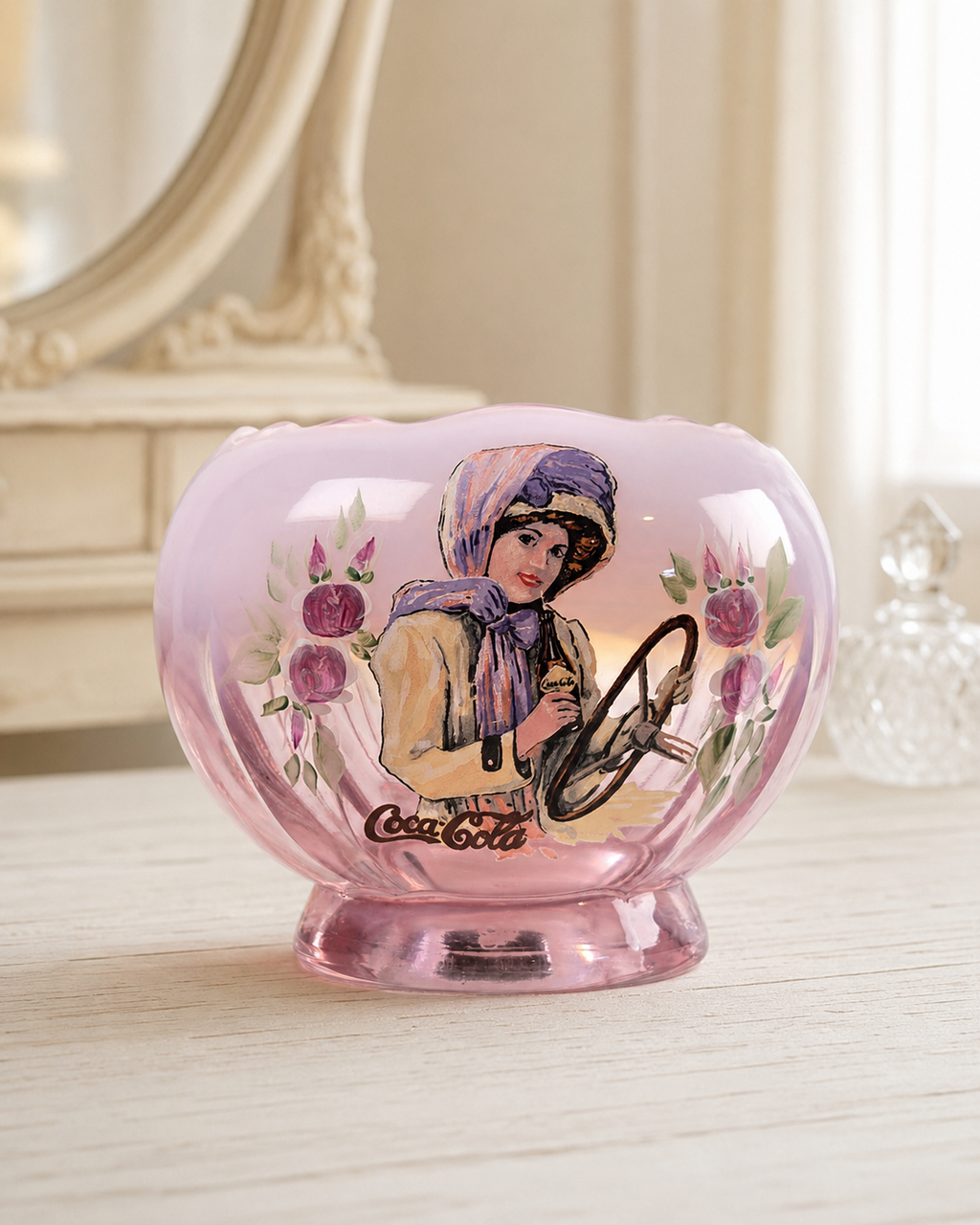 Vintage Fenton Coca-Cola Girl Pink Opalescent Glass Rose Bowl – Signed J. Peyton