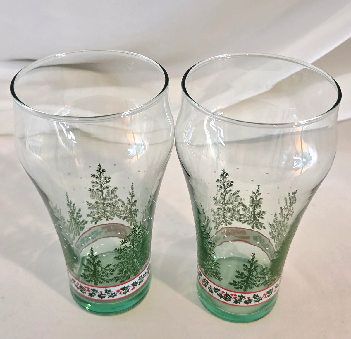 Vintage Coca-Cola Christmas Holiday Glasses Set of 2 Evergreen Tree Holly Green Base Tumblers
