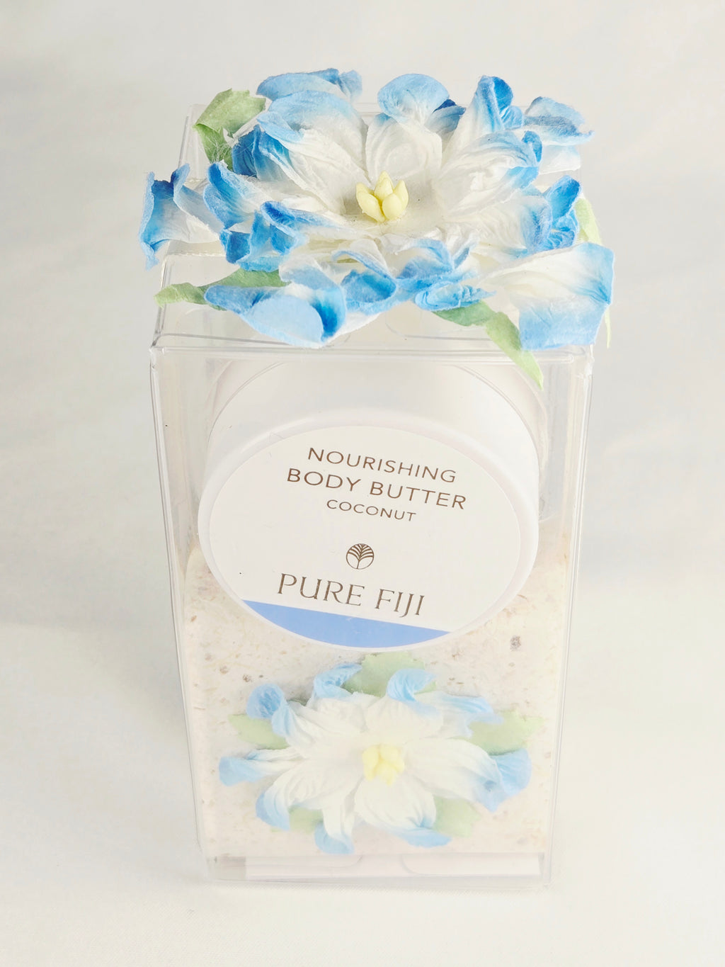 Pure Fiji Coconut Nourishing Body Butter Gift Set – Tropical Spa Box with Decorative Floral Soap