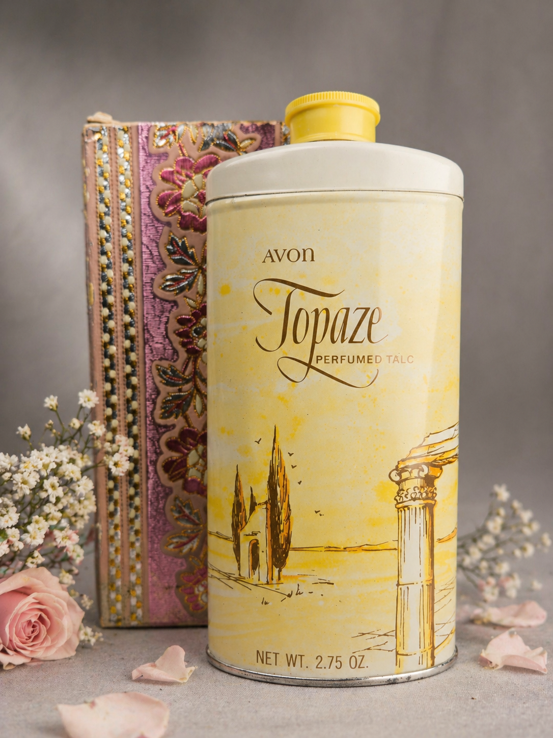 Vintage Avon Topaze Perfumed Talc 2.75 oz with Original Box – Appears Full Golden Fragrance Powder Collectible