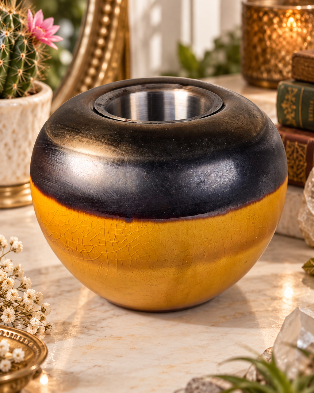 Crackle Glaze Ceramic Vessel with Removable Metal Insert Firepot
