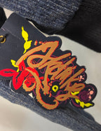 Y2K Akademiks Cropped Denim Bomber Jacket – Embroidered Buckle Detail Zip-Up