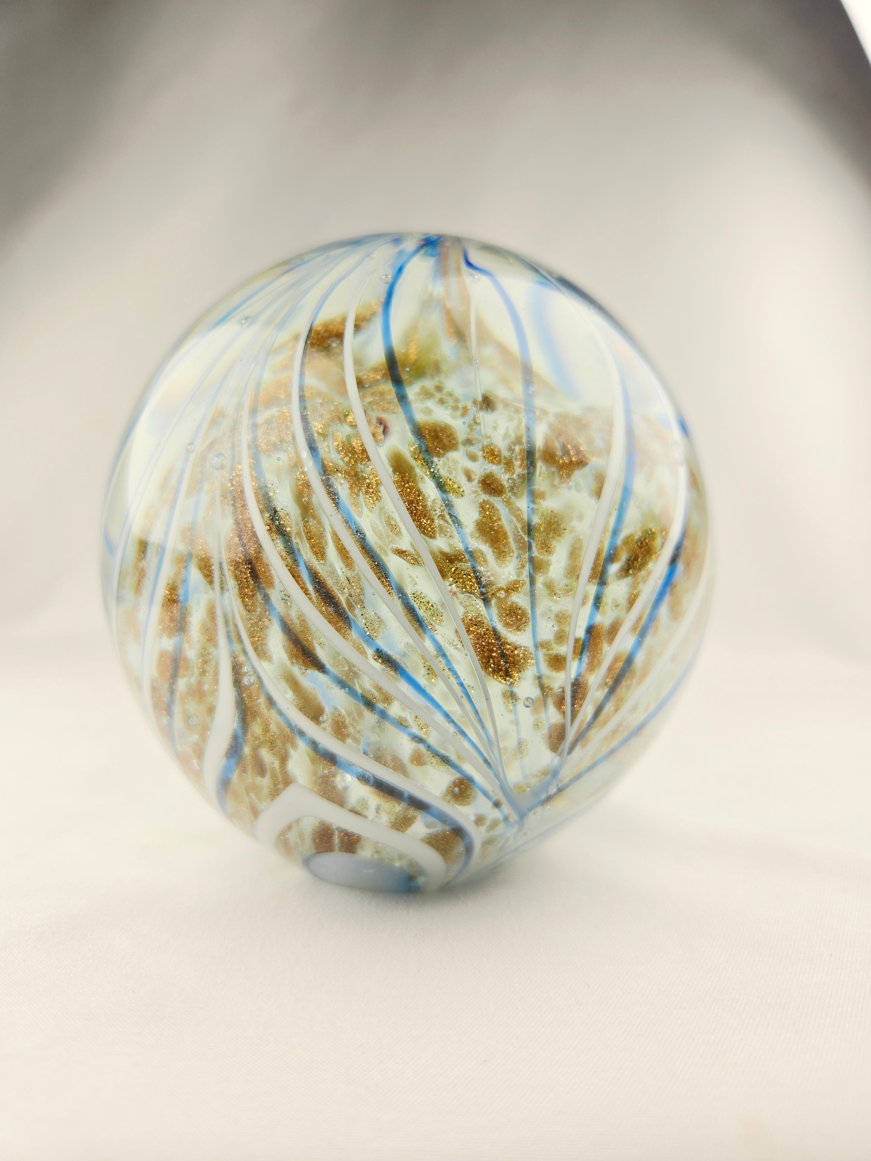 Handblown Art Glass Orb Paperweight — Blue Ribbon Swirl with Gold Fleck Interior