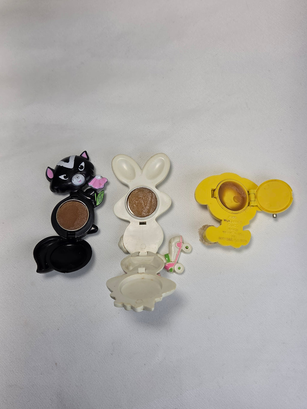 Vintage Avon Fragrance Glacé Novelty Compacts Set of 3 Skunk Bunny Bear 1970s