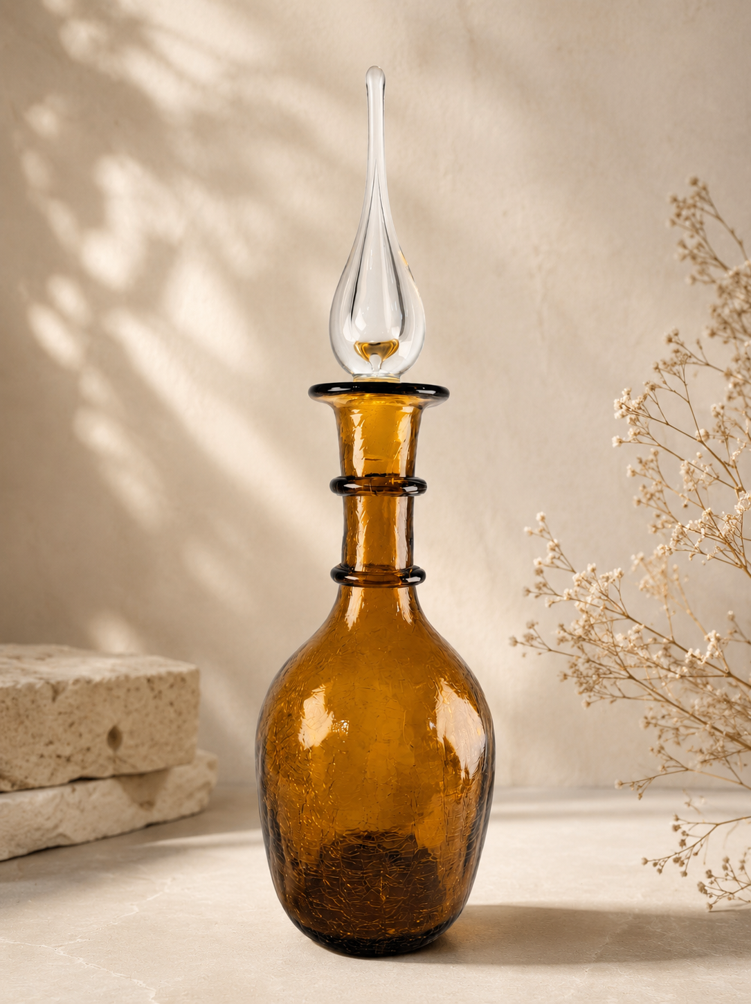Mid Century Amber Genie Bottle Barware with Flame Stopper Art Glass Display
