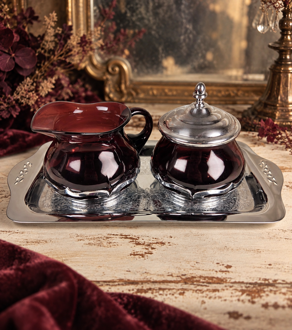 Vintage Farber Bros Krome-Kraft Amethyst Glass Creamer Sugar Bowl & Chrome Tray
