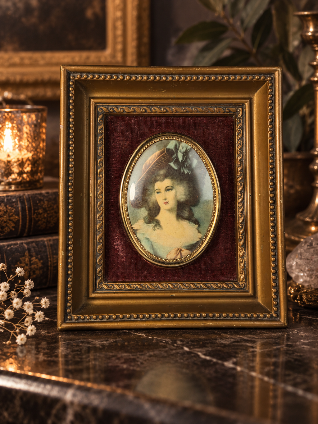 Vintage A Cameo Creation Portrait Frame – Ornate Gold Tone Burgundy Velvet 5.5"