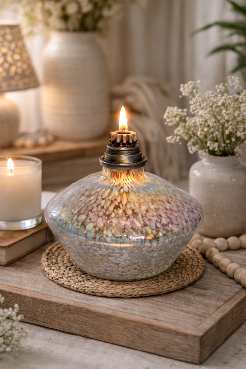 Iridescent Mosaic Glass Oil Lamp w/ Cap | Handblown Look | Cozy Hearth & Home Décor cozy tabletop fire 