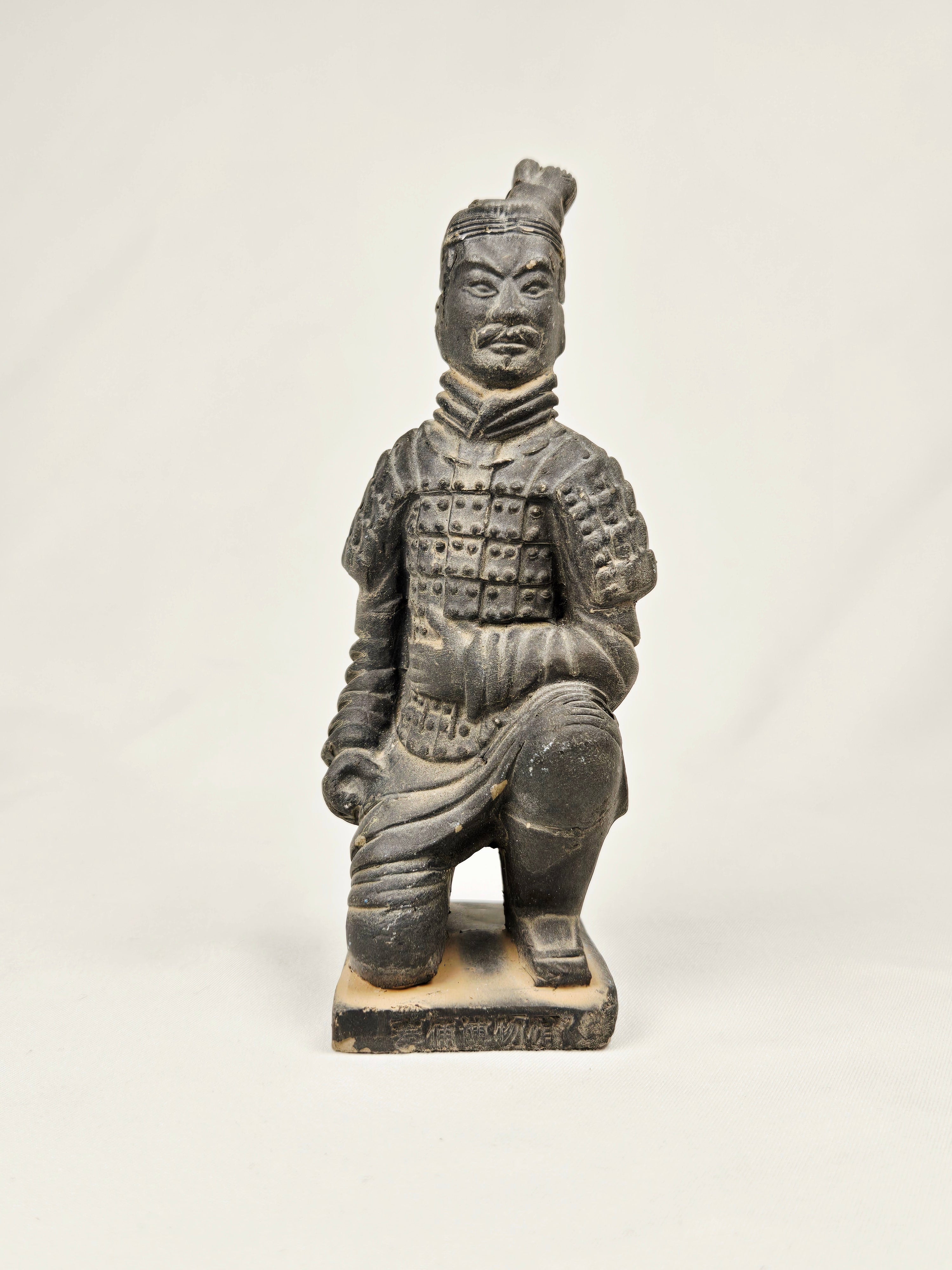 Terracotta 5" Warrior Style Figurine — Kneeling Qin Soldier Statue, Aged Finish Display Piece