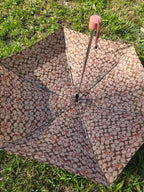 Coach Signature Orange Cat Print Compact Folding Umbrella – Brown Monogram Travel Umbrella with Wrist Strap