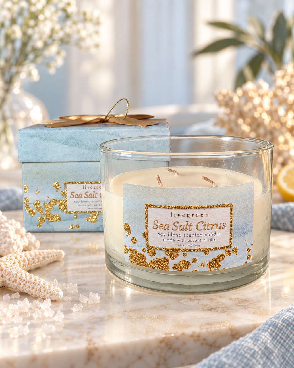 LiveGreen Sea Salt Citrus Soy Blend Candle 14 oz Three Wick Boxed Essential Oils