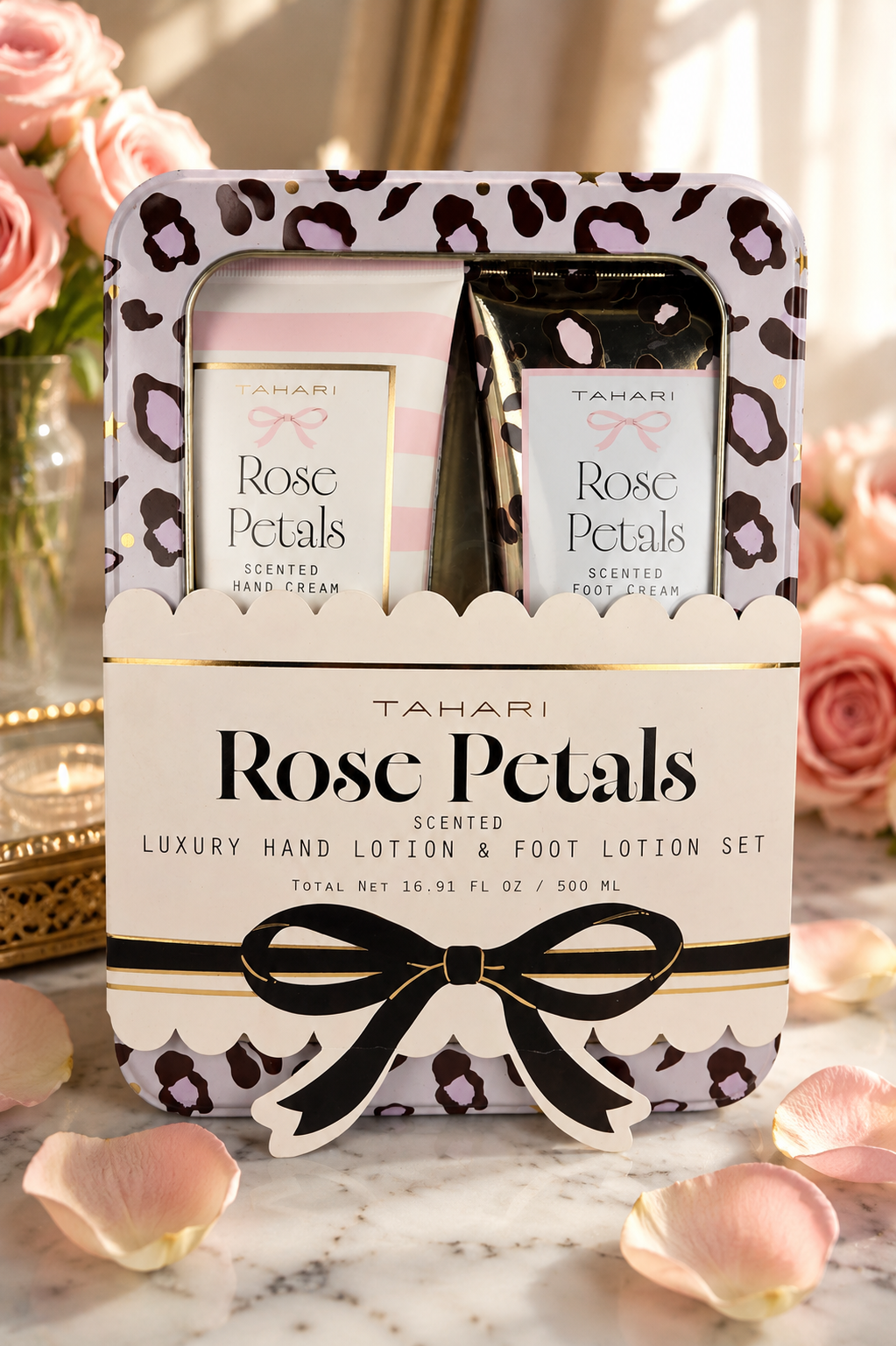 Tahari Rose Petals Spa Gift Set in Decorative Keepsake Tin | Hand & Foot Lotion Collection